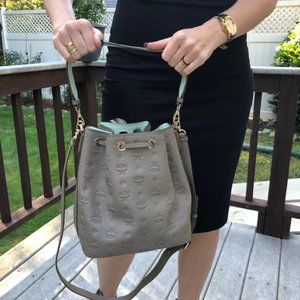 MCM Taupe Leather Essential Drawstring Shoulder Monogram Bag NWOT